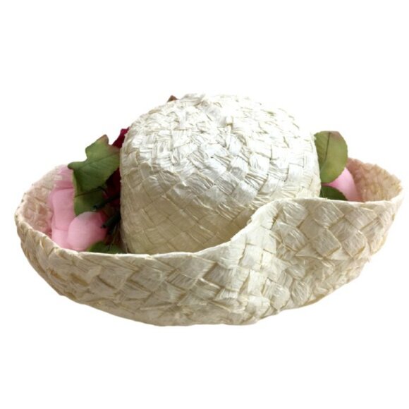 Vintage Union Made Straw Hat Red White Pink Roses in Dache Boutique Box 1960s main image 7